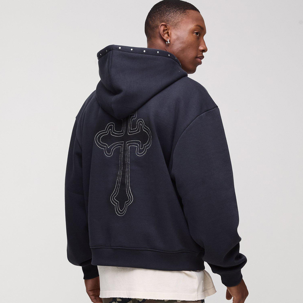 Oversized Boxy Cross Embroidered Zip Through Hoodie - Image 2